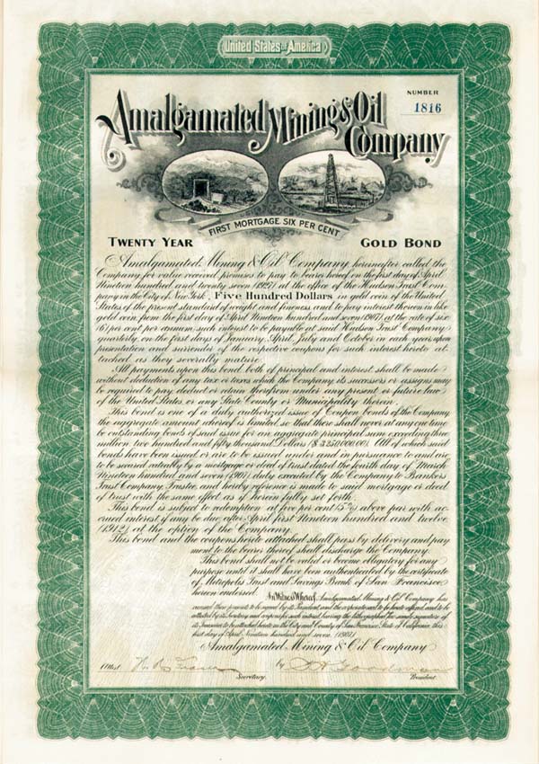 Amalgamated Mining and Oil Co. - $500 Bond (Uncanceled)