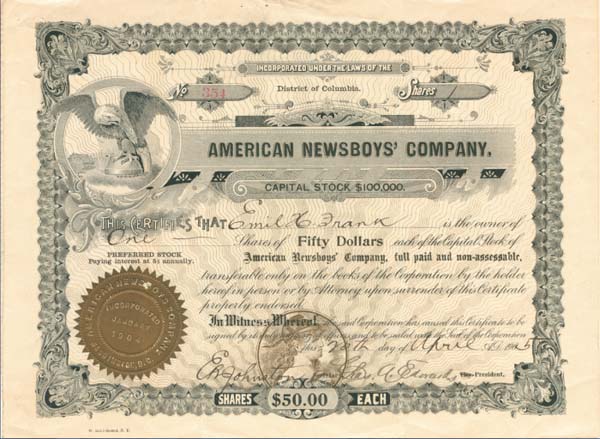 American Newsboys Co. - Stock Certificate