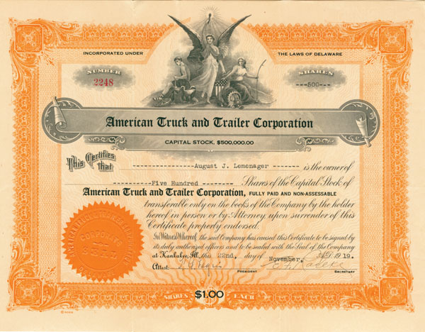 American Truck and Trailer Corporation - Stock Certificate