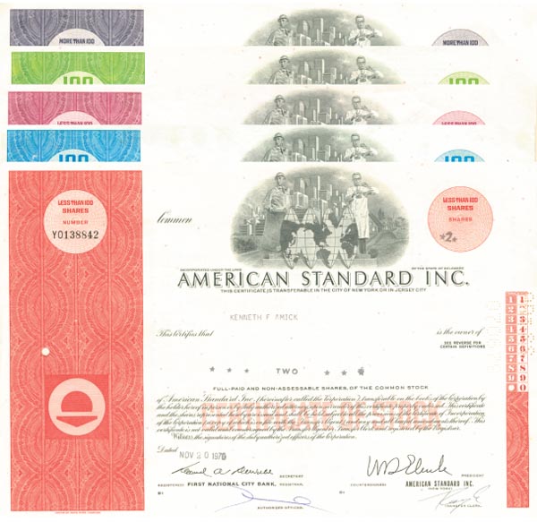 American Standard Inc - Collection of 5 Stock Certificates - Five Different Colors