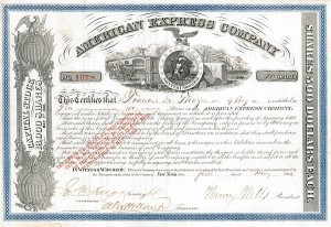 Henry Wells and James C. Fargo - American Express Co - 1866 dated Autograph Stock Certificate