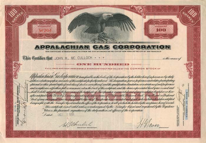 Appalachian Gas Corporation - Stock Certificate
