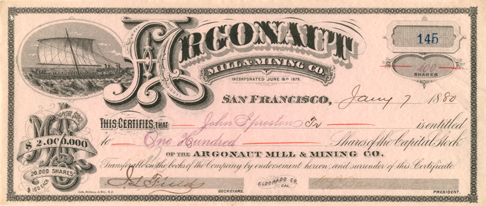 Argonaut Mill and Mining Co. - Stock Certificate