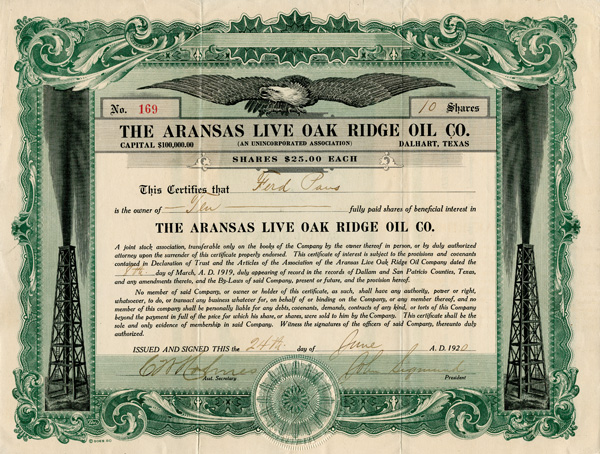 Aransas Live Oak Ridge Oil Co. - Stock Certificate