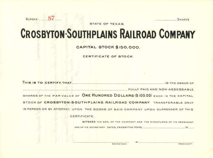 Crosbyton-Southplains Railroad Co. - Unissued Railway Stock Certificate - Branch Line of the Atchison Topeka Santa Fe Railway