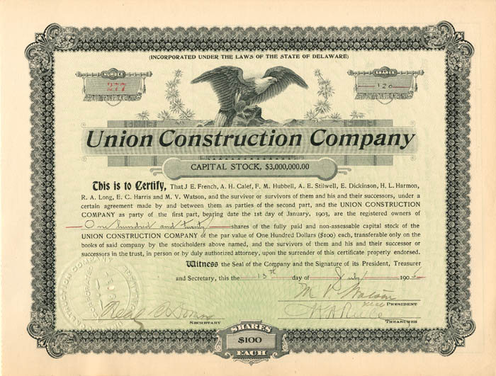 Union Construction Co. - Stock Certificate - Branch Company of the Atchison Topeka Santa Fe Railway