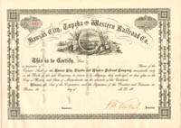 Kansas City, Topeka and Western Railroad Co. - Railway Stock Certificate - Branch Line of the Atchison Topeka Santa Fe Railway