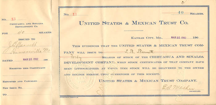 Chihuahua and Sinaloa Development Co. - Stock Certificate - Branch Company of the Atchison Topeka Santa Fe Railway