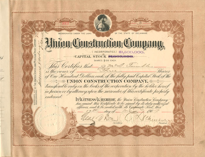 Union Construction Co. - Stock Certificate - Branch Company of the Atchison Topeka Santa Fe Railway