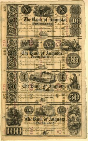 Bank of Augusta - Uncut Obsolete Sheet - Broken Bank Notes - SOLD