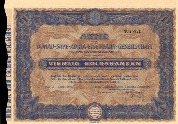 Donau-Save-Adria Eisenbahn-Gesellschaft - Stock Certificate