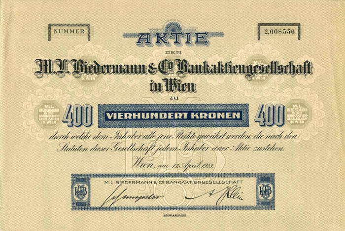 M.L. Biedermann and Co. Bankaktiengesellschaft - Stock Certificate