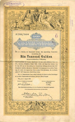 Austrian Bond - 1,000 or 100 Gulden Bond dated 1868