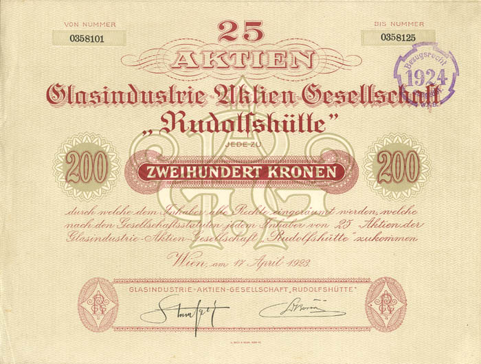 Glasindustrie-Aktien-Gesellschaft - Stock Certificate