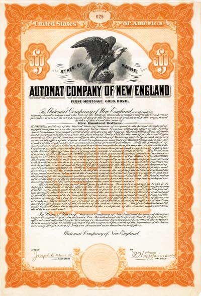 Automat Co. of New England - $500 Bond (Uncanceled)