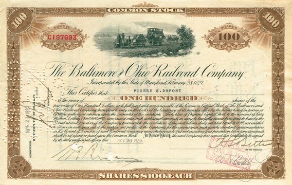 B and O Railroad Stock issued to and signed by Pierre S. Du Pont