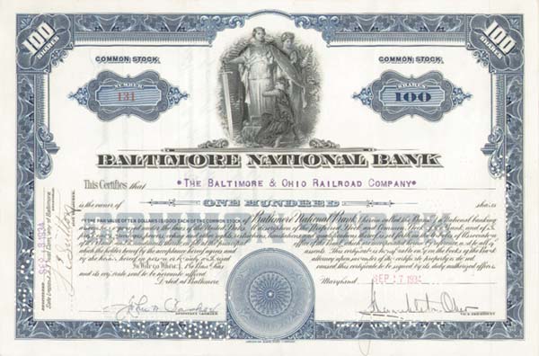 Baltimore National Bank - Stock Certificate