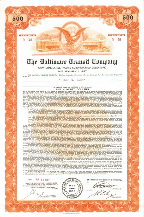 Baltimore Transit Co. - $500 Railroad Bond