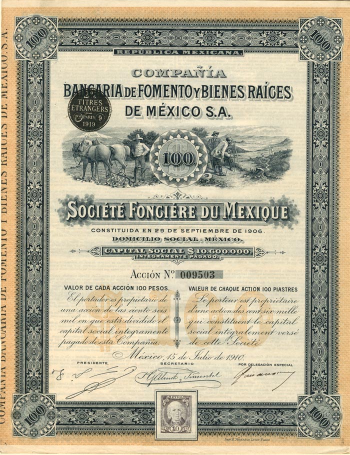 Compania Bancaria de Fomento Y Bienes Raiges De Mexico S.A. - Stock Certificate