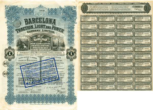 Barcelona Traction, Light and Power Co., Ltd - Spanish Railway Stock Certificate