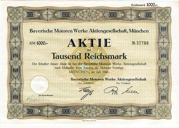 Bayerische Motoren Werke Aktiengesellschaft, Munchen - Stock Certificate