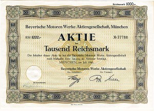 Bayerische Motoren Werke Aktiengesellschaft, Munchen - 1941 dated German Automotive Stock Certificate