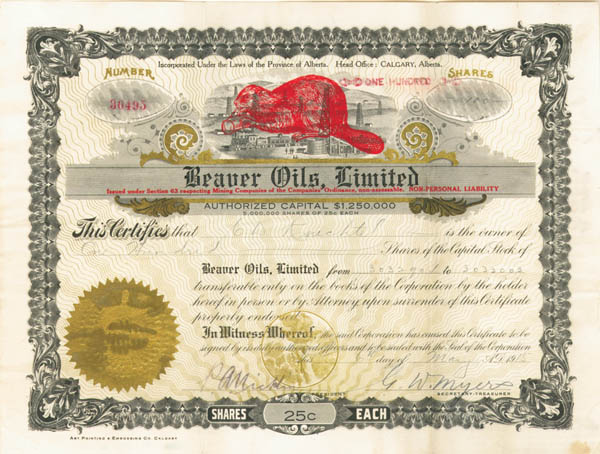 Beaver Oils, Ltd - Stock Certificate