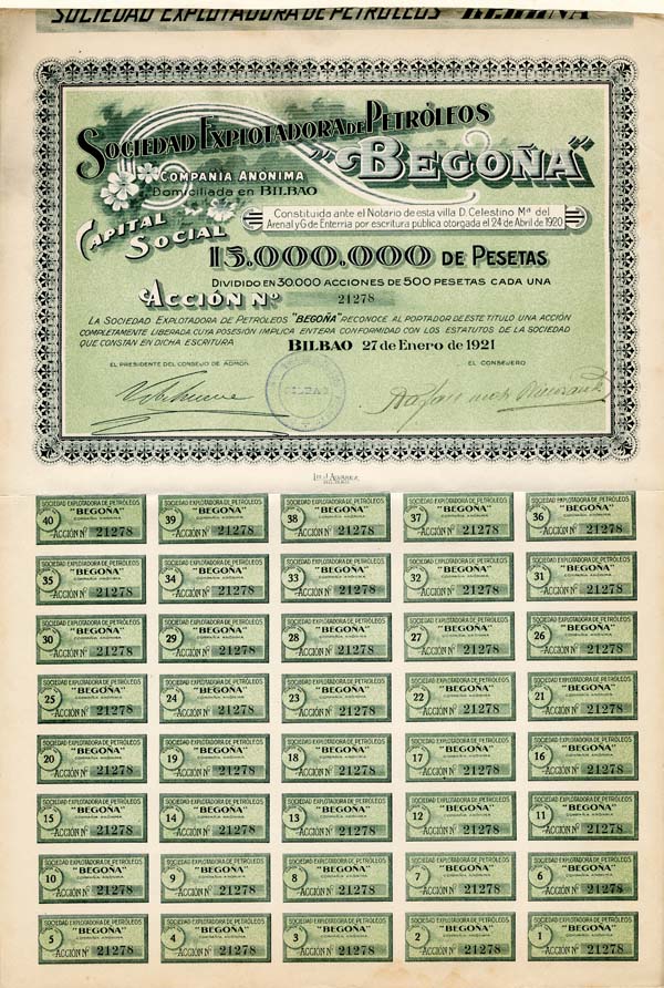 Sociedad Explotadora De Petroleos Begona - Stock Certificate