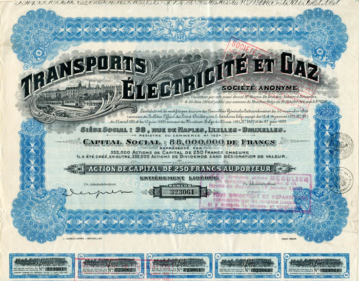 Transports Electricite et Gaz - Stock Certificate