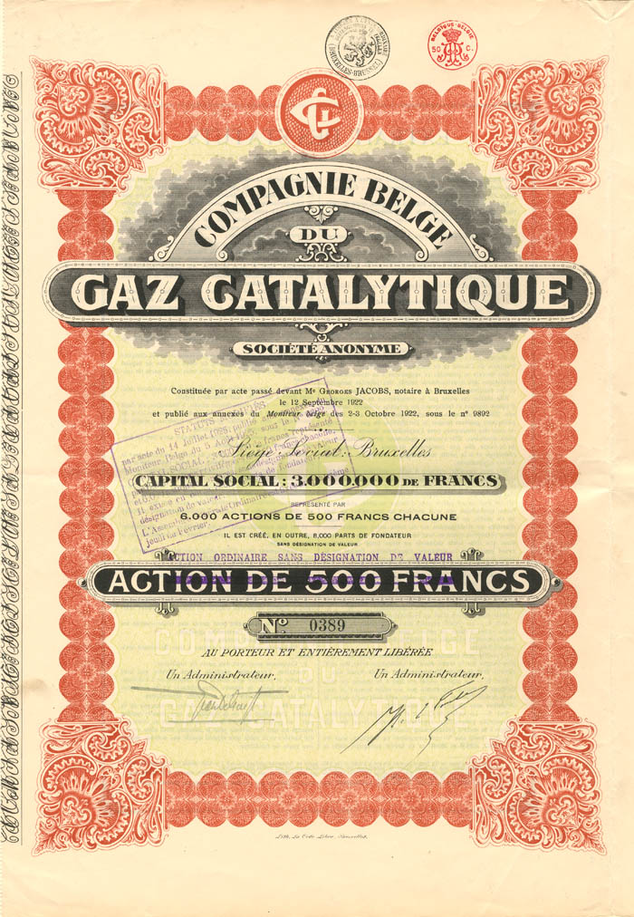 Compagnie Belge du Gaz Catalytique - Stock Certificate