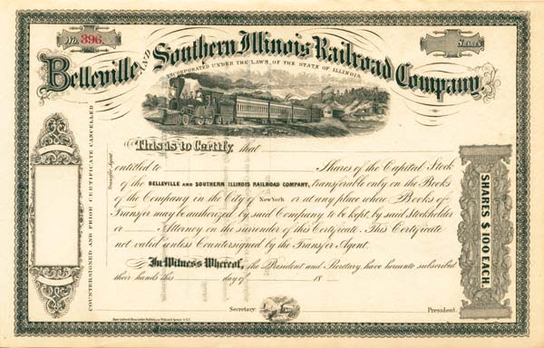 Belleville and Southern Illinois Railroad - Stock Certificate