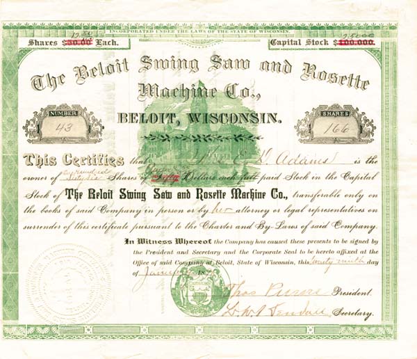 Beloit Swing Saw and Rosette Machine Co., Beloit, Wisconsin - Stock Certificate