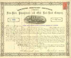 New York Pennsylvania and Ohio Railroad Co. Non-Voting Beneficiary Certificate - Stock Certificate