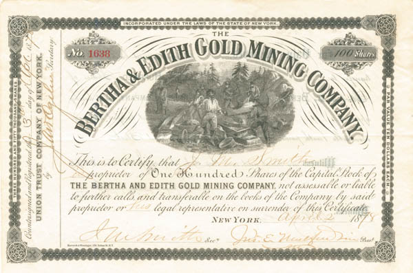 Bertha and Edith Gold Mining Co. - Stock Certificate