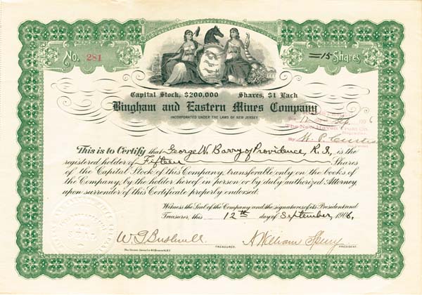 Bingham and Eastern Mines Co. - dated 1906 New Jersey & Utah Mining Stock Certificate