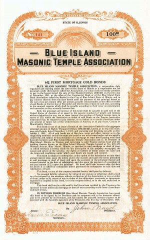 Blue Island Masonic Temple Association - Bond (Uncanceled)