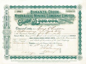 Bonanza Creek Hydraulic Mining Co., Ltd - Stock Certificate