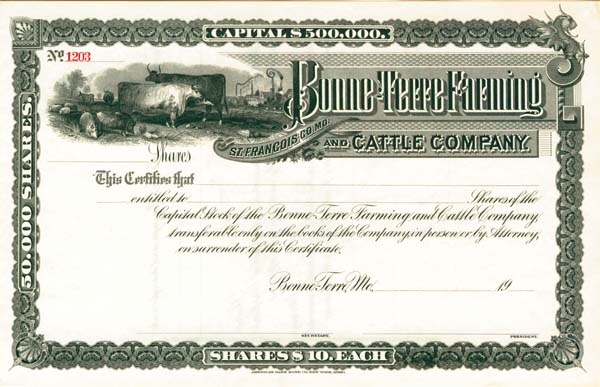 Bonne-Terre Farming and Cattle Co. - Stock Certificate