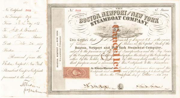 Oliver Ames - Boston, Newport and New York Steamboat Co. - Stock Certificate