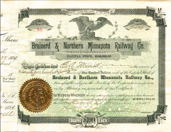 Brainerd and Northern Minnesota Railway Co. - Stock Certificate