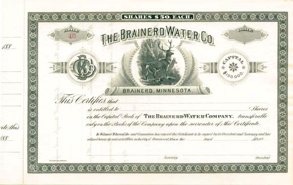 Brainerd Water Co. - Stock Certificate