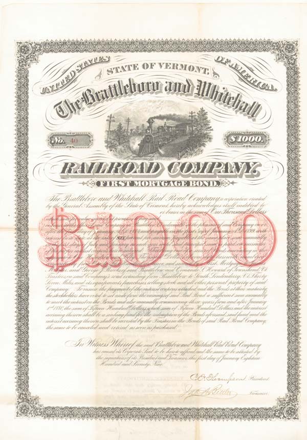 Brattleboro and Whitehall Railroad Co. - $1,000 Bond