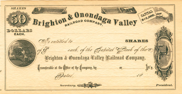 Brighton and Onondaga Vallery Railroad - Stock Certificate