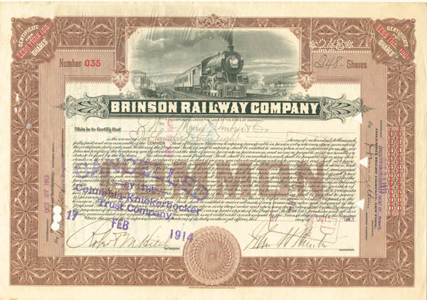 Brinson Railway Co. - Stock Certificate