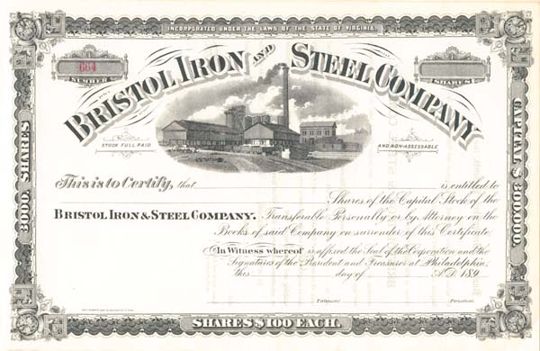 Bristol Iron and Steel Co. - Stock Certificate