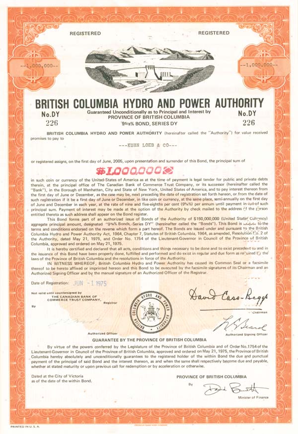 British Columbia Hydro and Power Authority - $1,000,000 Bond