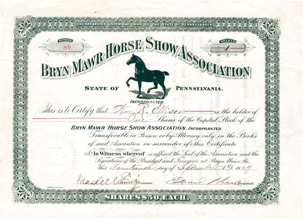 Bryn Mawr Horse Show Association - Stock Certificate