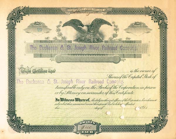 Buchanan and St. Joseph River Railroad - Unissued Railway Stock Certificate