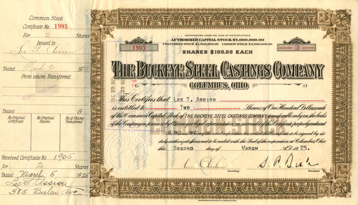 Samuel Prescott Bush - Buckeye Steel Castings Co - Stock Certificate