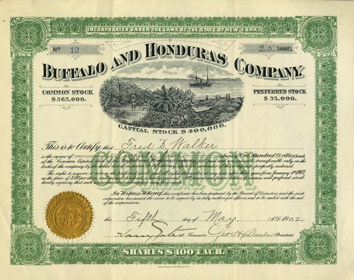 Buffalo and Honduras Co. - Stock Certificate (Uncanceled)